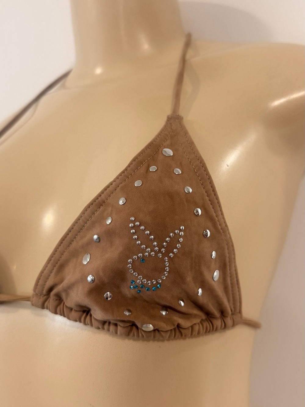 PLAYBOY Brown Triangle Bikini Top with Studded Bunny Logo Y2K